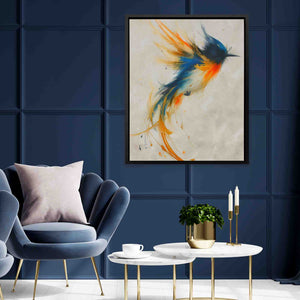 a living room with blue walls and a painting on the wall
