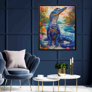 a living room with a blue chair and a painting on the wall