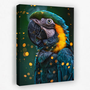 a painting of a colorful parrot on a green background