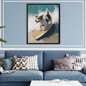 a painting of a dog riding a wave on a surfboard