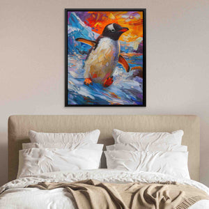 a painting of a penguin on a bed