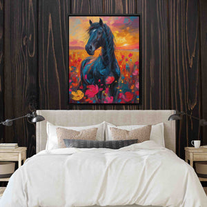 a painting of a black horse on a wall above a bed