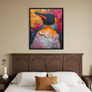 a painting of a bird on a wall above a bed