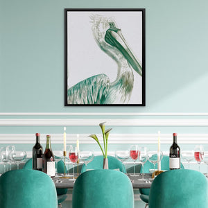 a painting of a pelican on a wall above a dining room table