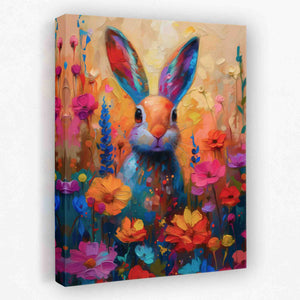 a painting of a rabbit in a field of flowers