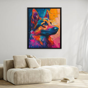 a painting of a dog on a wall above a couch