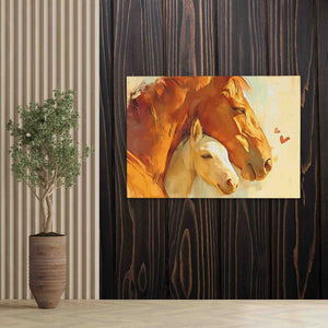 a painting of two horses on a wooden wall