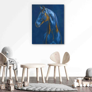 a painting of a blue horse in a room