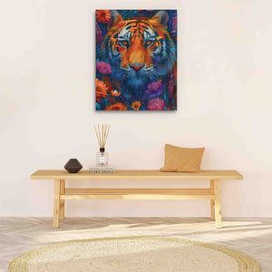 a painting of a tiger on a wall above a table