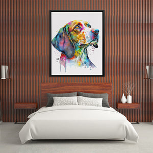 a painting of a dog on a wall above a bed