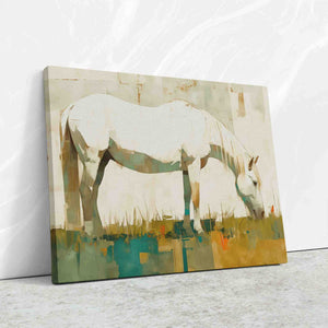 a painting of a white horse grazing in a field