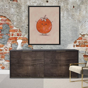 a picture of an orange on a wall above a dresser