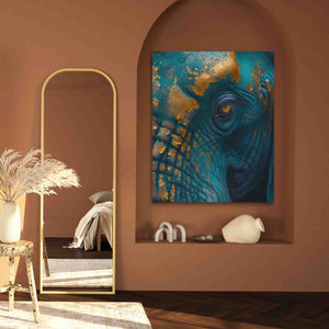 a painting of an elephant is hanging on a wall