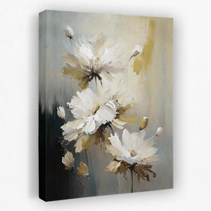 a painting of white flowers on a gray background