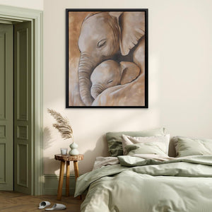 a painting of a baby elephant hugging its mother