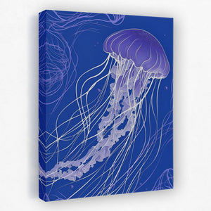 a purple jellyfish floating in the ocean on a blue background