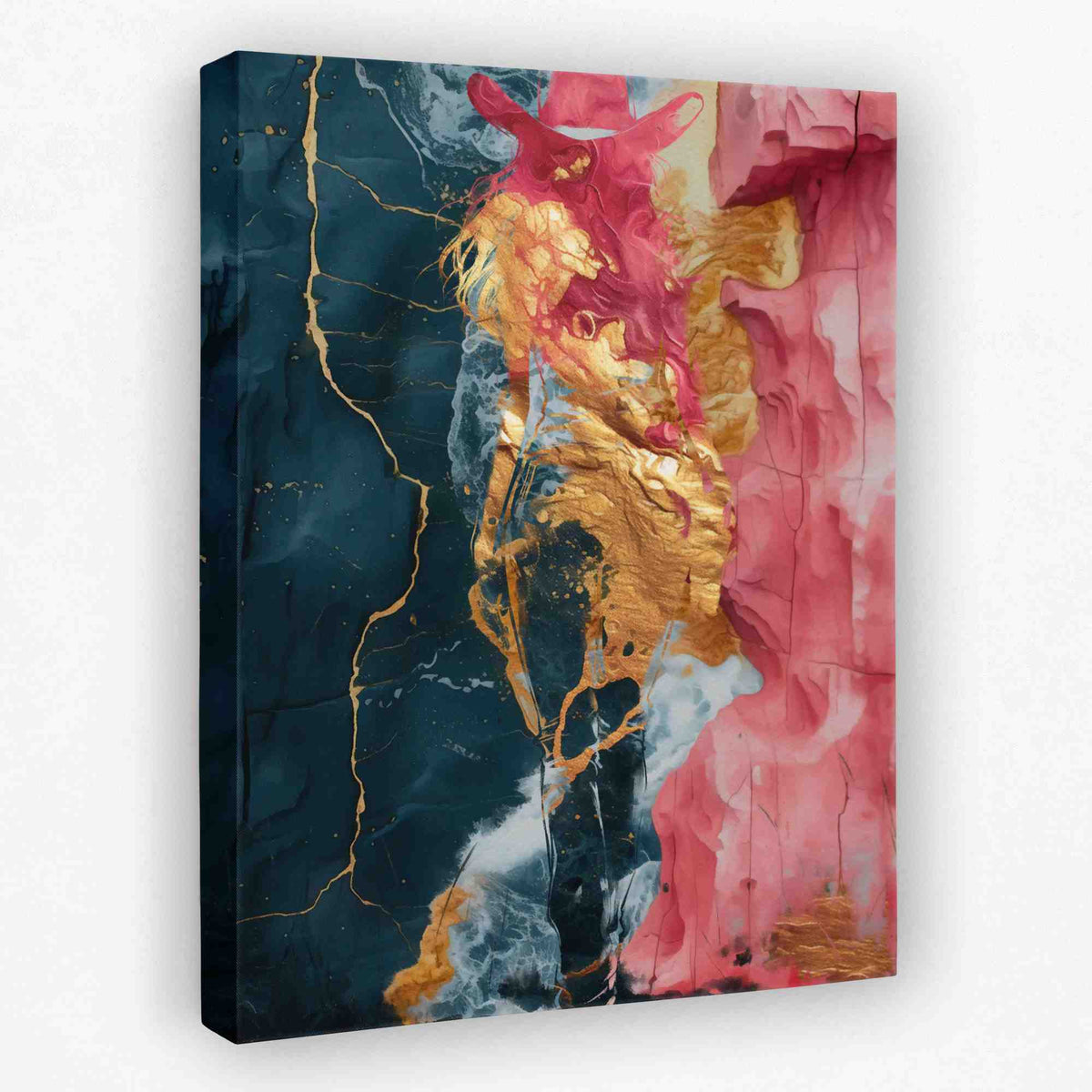 an abstract painting with gold and pink colors