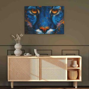 a painting of a blue tiger on a wall