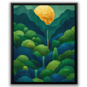 a painting of a yellow balloon floating over a forest