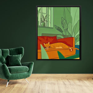 an orange cat laying on a couch in a green room