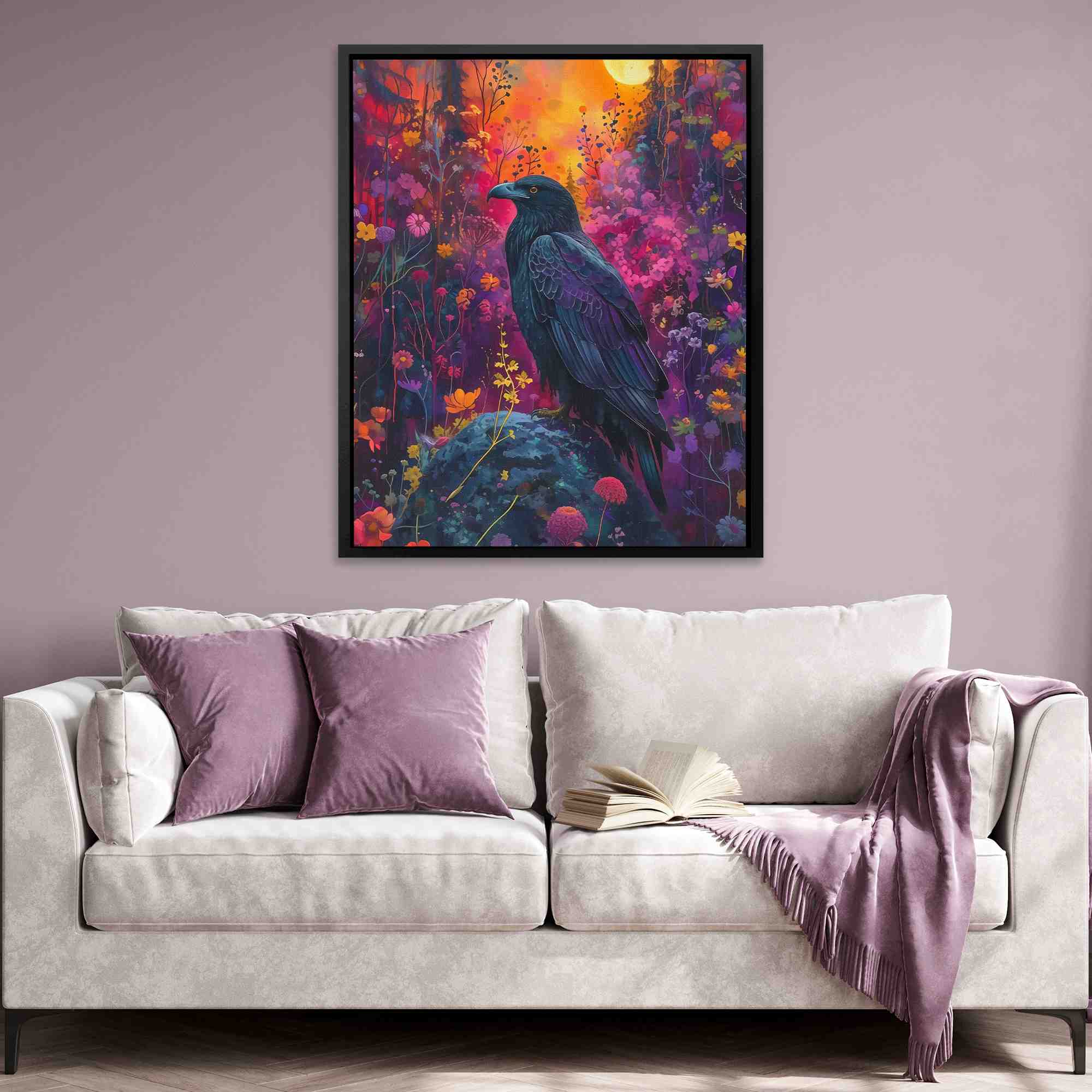 a painting of a black bird sitting on a rock