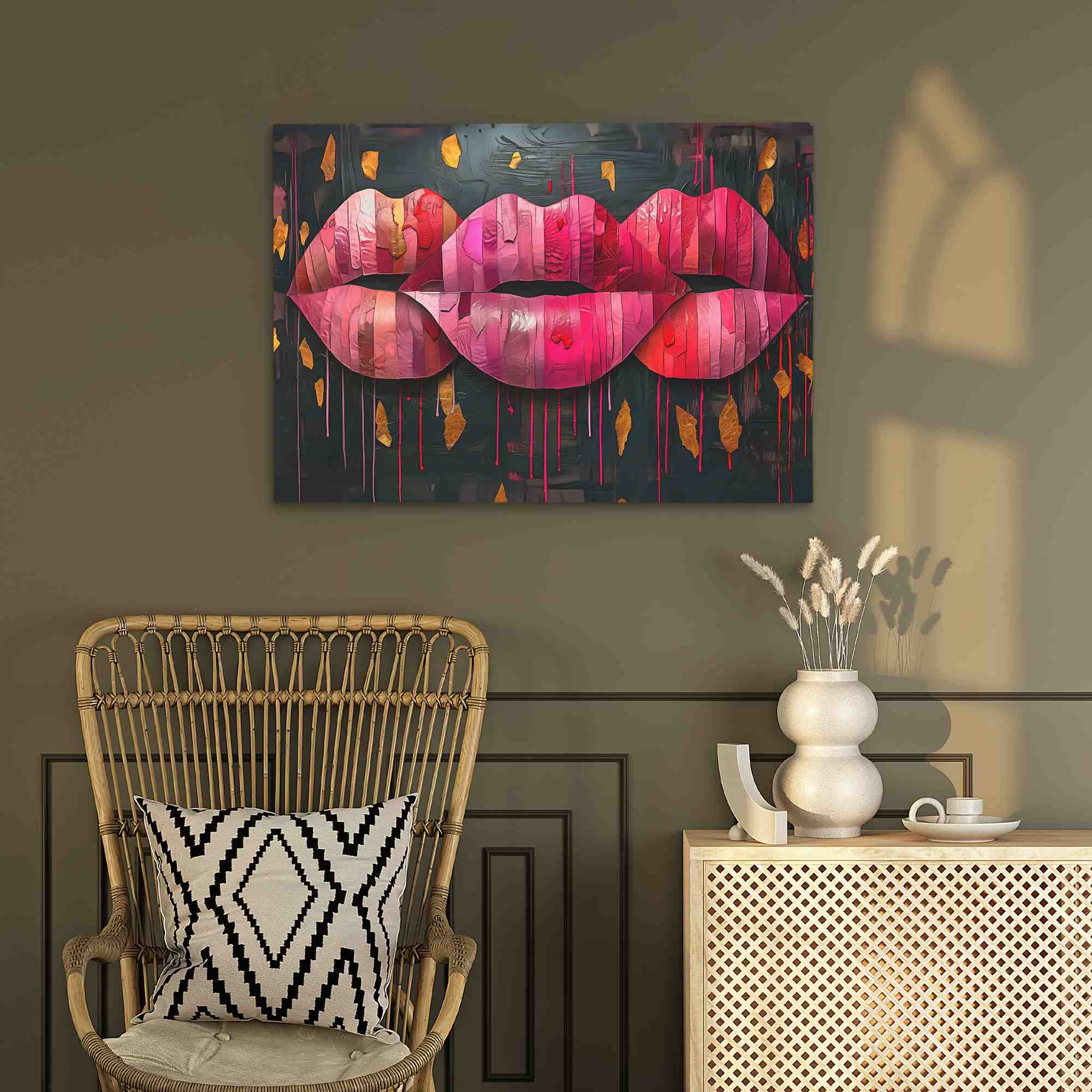 a painting of pink and red lips on a black background