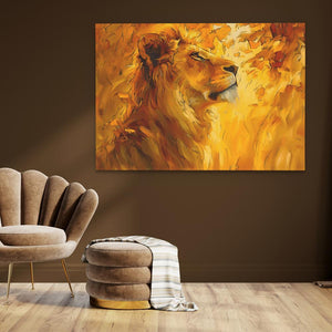 a painting of a lion on a brown wall