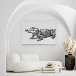a living room with a white couch and a black and white picture of a crocodile