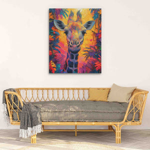 a painting of a giraffe on a wall above a couch