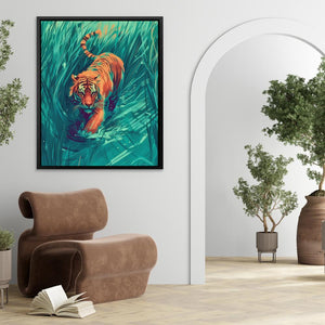 a painting of a tiger swimming in a pool of water