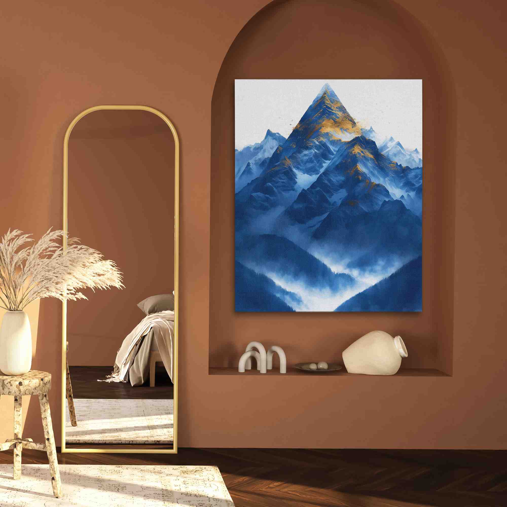 a painting of a mountain covered in clouds