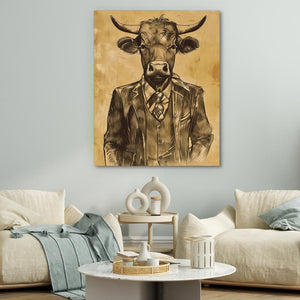 a living room with a cow wearing a suit and tie