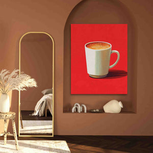 a painting of a cup of coffee on a red background