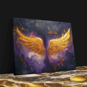 a painting of two golden wings on a purple background