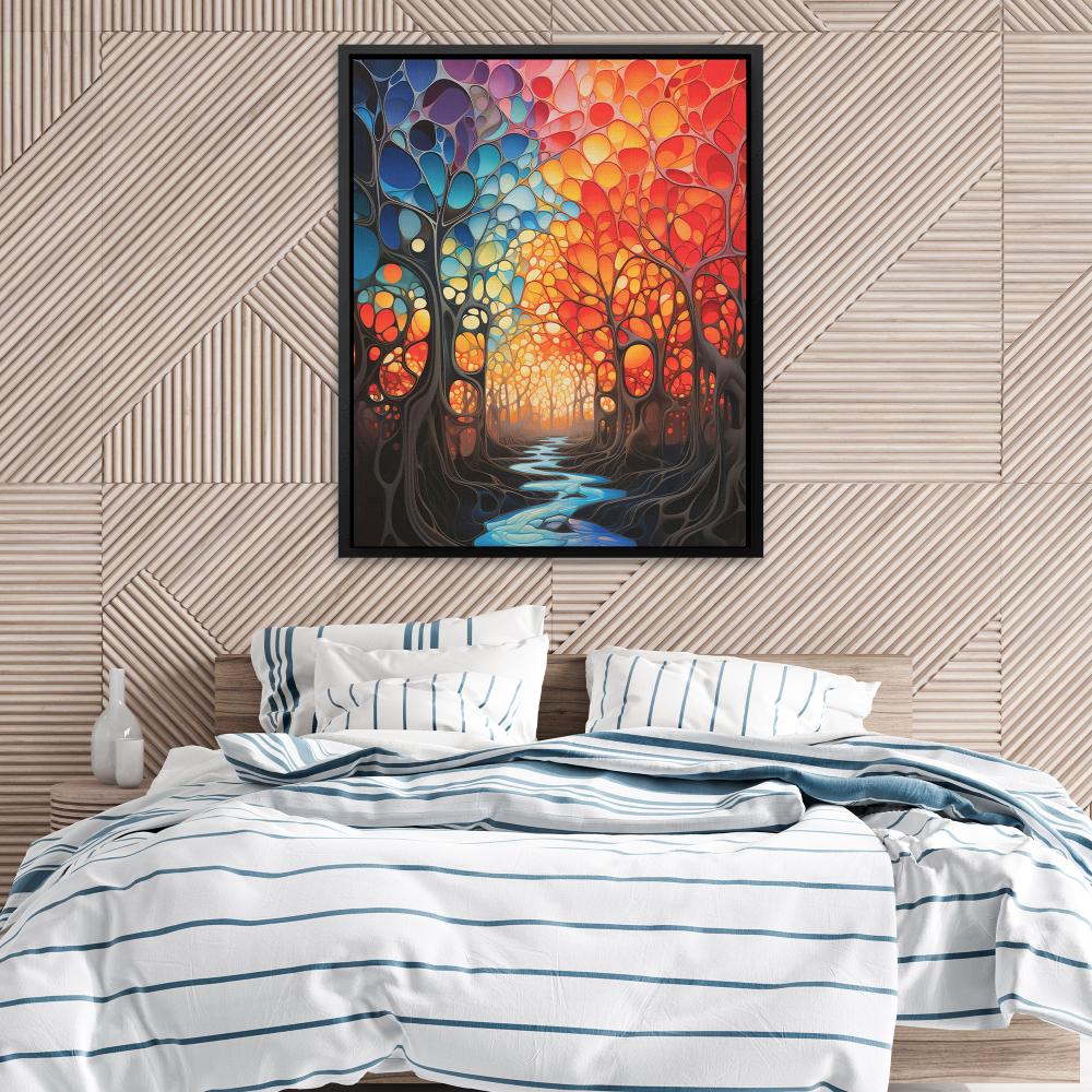 a painting of a colorful forest with a stream