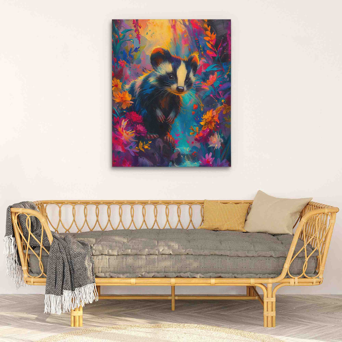 a living room with a couch and a painting on the wall