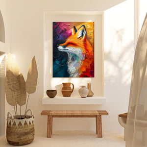 a painting of a fox on a wall above a bench