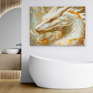 a painting of a white dragon on a wall above a bathtub