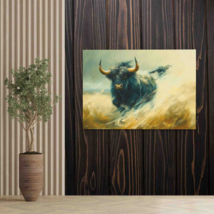 a painting of a bull running through a field