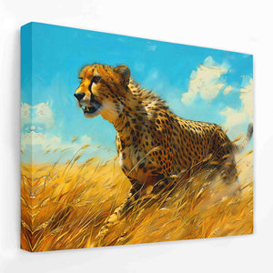 a painting of a cheetah running through a field