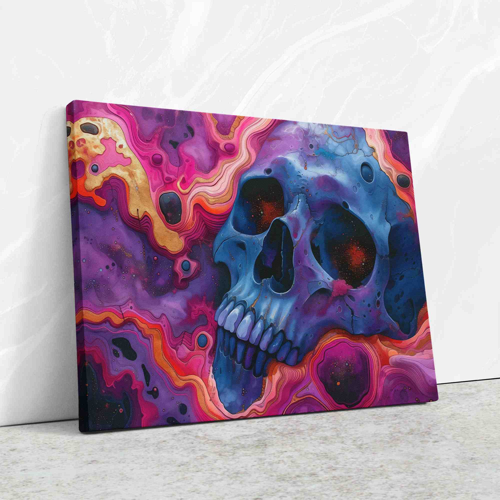 a painting of a skull on a wall