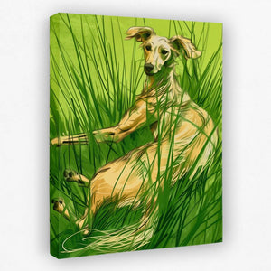 a painting of a dog laying in the grass