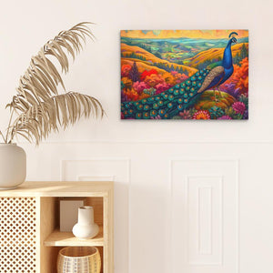 a painting of a peacock on a white wall