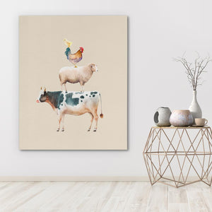 a painting of a cow and a chicken on a wall