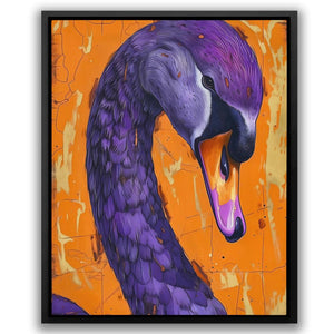 a painting of a purple bird with an orange background