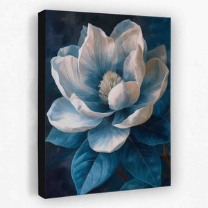 a painting of a blue and white flower
