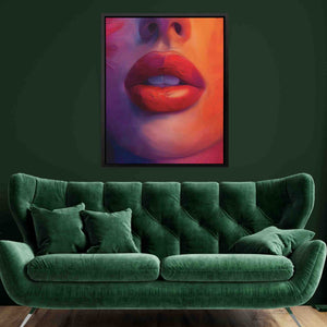 a painting of a woman's face on a green couch