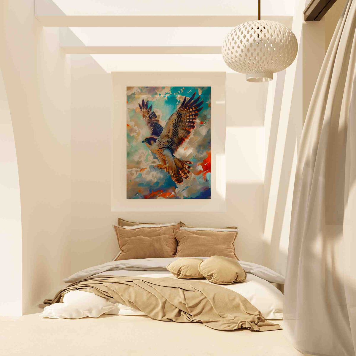 a bedroom with a bed and a painting on the wall