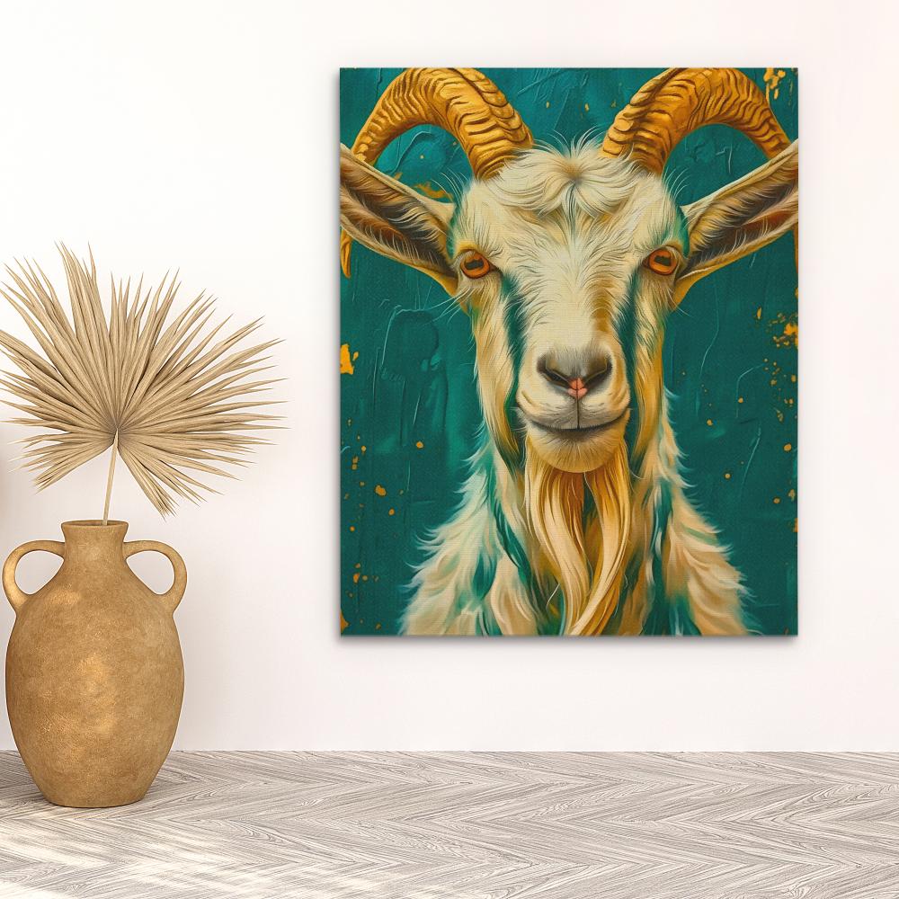 a painting of a goat with long horns