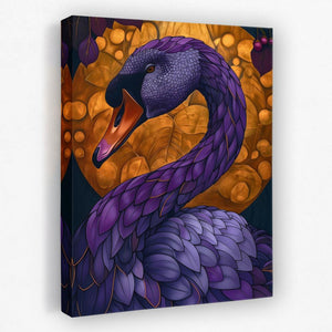 a painting of a purple bird with a yellow background